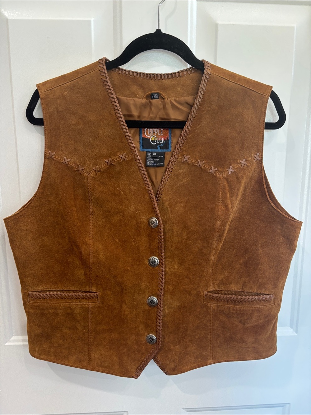 Cripple Creek Women's Brown 100% Leather Vest - Braided Trim Silver Snap XL